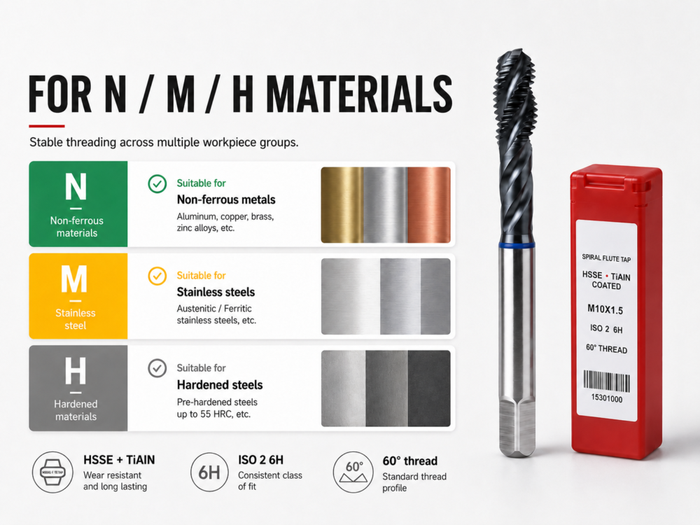 HSSE TiAlN spiral flute tap for selected N M and H material applications