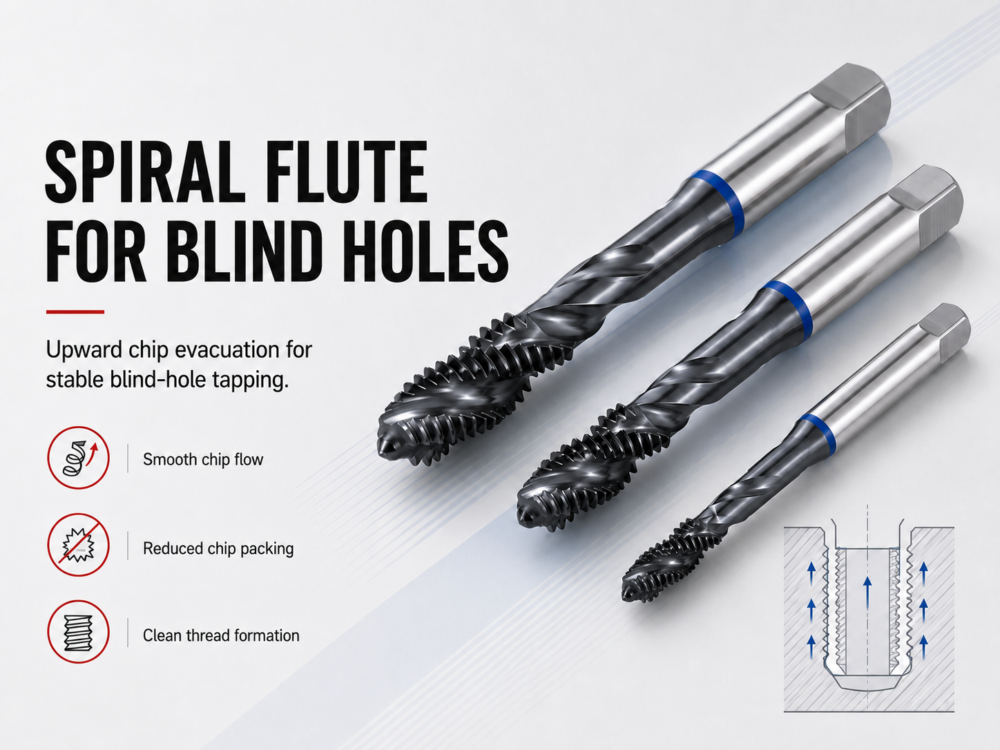 TiAlN spiral flute machine taps with upward chip evacuation for blind holes