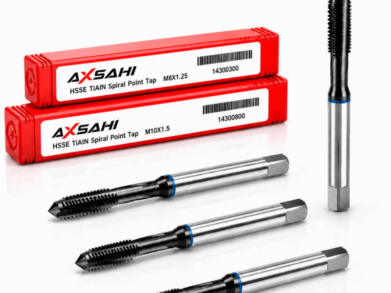 AXSAHI HSSE TiAlN spiral point machine taps with product packaging