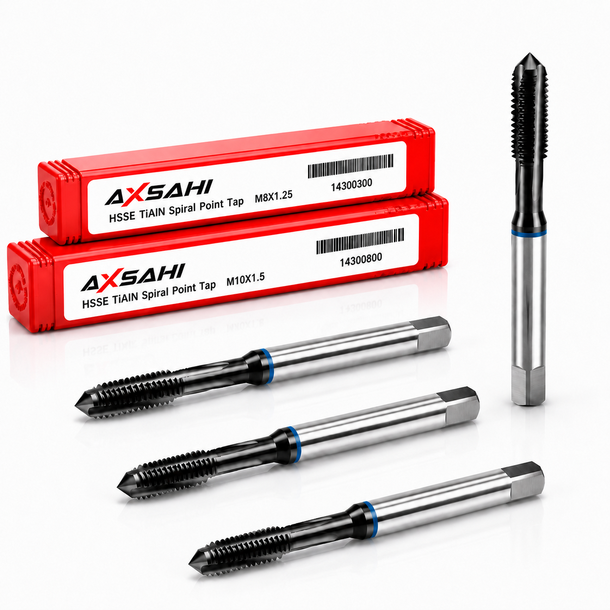 AXSAHI HSSE TiAlN spiral point machine taps with product packaging