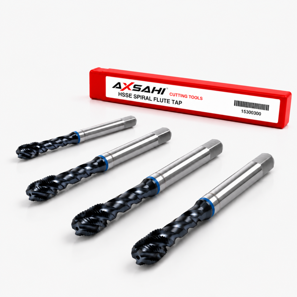 AXSAHI 153 HSSE TiAlN spiral flute machine taps with product packaging