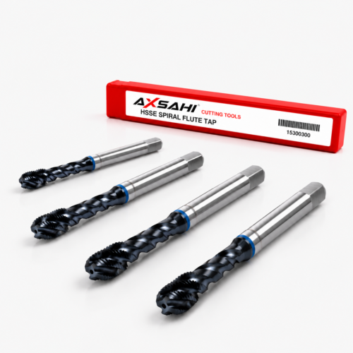 AXSAHI 153 HSSE TiAlN spiral flute machine taps with product packaging