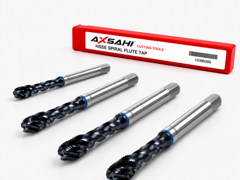 AXSAHI 153 HSSE TiAlN spiral flute machine taps with product packaging