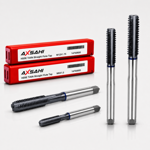 AXSAHI 149 HSSE TiAlN straight flute machine taps with product packaging