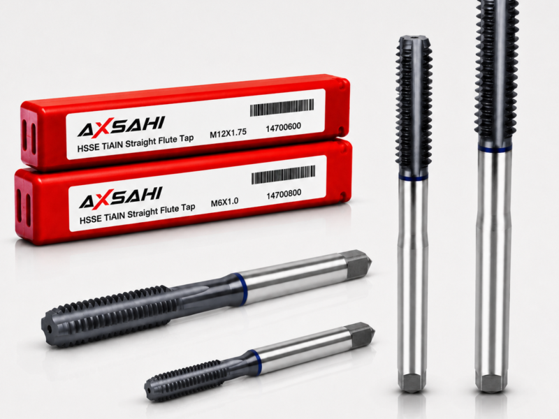 AXSAHI 149 HSSE TiAlN straight flute machine taps with product packaging