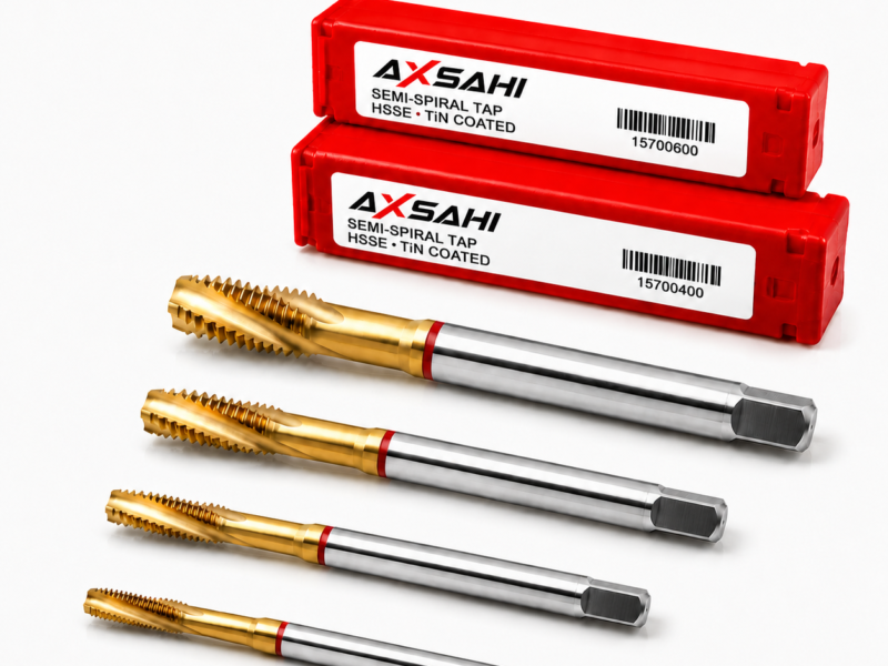AXSAHI 157 HSSE TiN semi-spiral flute machine taps with product packaging
