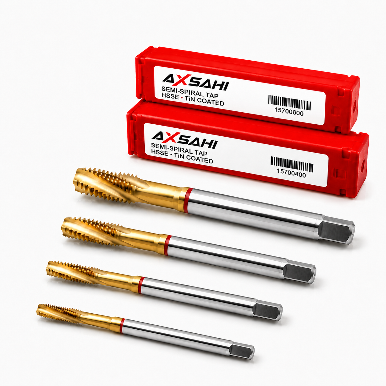 AXSAHI 157 HSSE TiN semi-spiral flute machine taps with product packaging