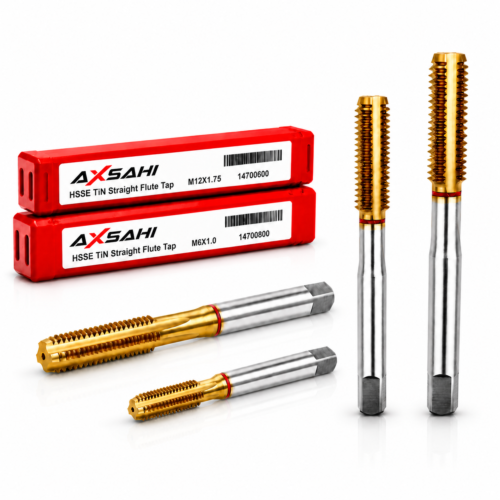 AXSAHI 147 HSSE TiN straight flute machine taps with product packaging