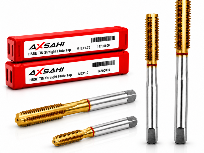 AXSAHI 147 HSSE TiN straight flute machine taps with product packaging