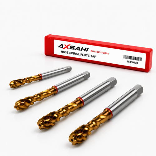AXSAHI 151 HSSE TiN spiral flute machine taps with product packaging