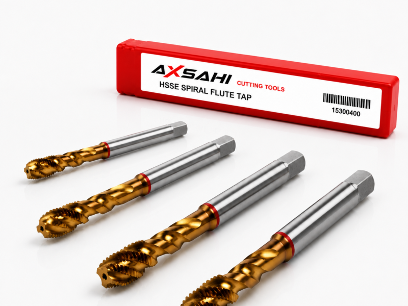 AXSAHI 151 HSSE TiN spiral flute machine taps with product packaging