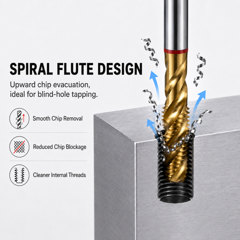 TiN spiral flute tap pulling chips upward during blind-hole tapping