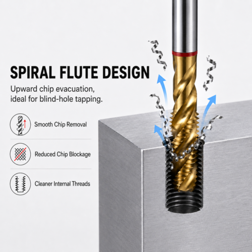 TiN spiral flute tap pulling chips upward during blind-hole tapping